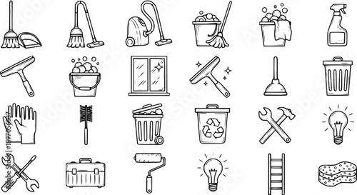 Hand-drawn Black and White Line Art Icons Set of Cleaning, Household Maintenance, and DIY Tools