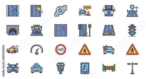 Collection of traffic and road signs icons.