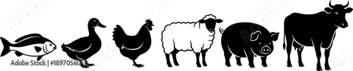 Farm animal silhouettes lineup, fish duck chicken sheep pig cow isolated white background livestock agriculture rural vector illustration design set