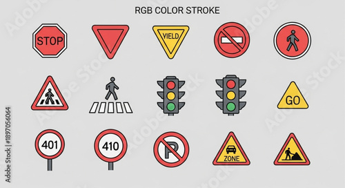 Collection of traffic signs and signals illustration.