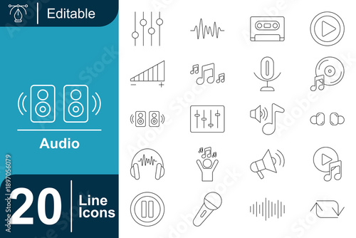 Collection of 20 editable line icons representing various audio and sound concepts, including music, volume, and playback elements