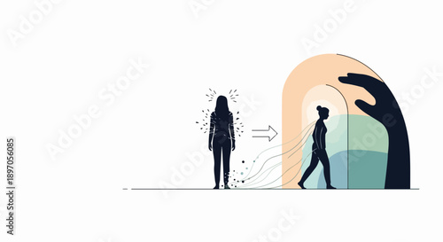 Conceptual illustration depicting personal growth journey for individual woman, moving from stagnation towards positive change, guidance, and empowerment.