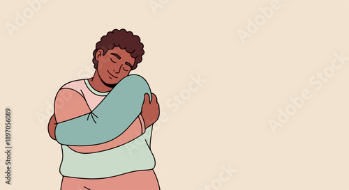 Illustrated person practicing self love with gentle hug, embracing body with closed eyes and serene expression. Concept self love for mental wellness, emotional support, and personal growth projects.