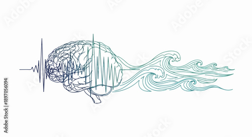 Abstract brain activity drawing, intricate lines visualize neural patterns and mental processes. Flowing brain activity reflects thought, emotion, and consciousness.