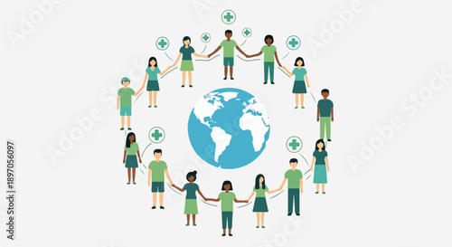 Diverse people forming global community, hands around Earth with health crosses. Individuals from varied backgrounds create global community, fostering connection, equity, support.