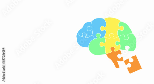 Colorful brain puzzle illustration with distinct pieces composing human brain shape on white background. Brain puzzle elements represent intelligence, memory, and problem solving capabilities.