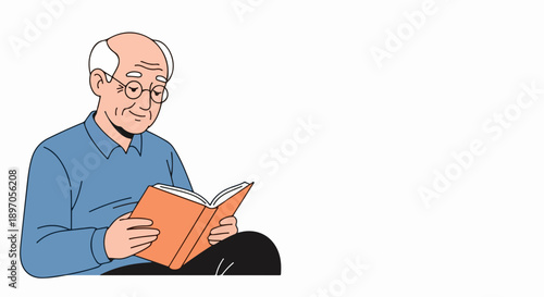 Senior man reading book with calm expression, enjoying quiet moment of learning and contemplation. Elderly gentleman engrossed in novel, turning pages thoughtfully, finding joy in story.