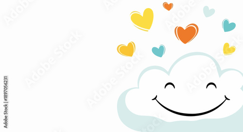 Happy cloud illustration with colorful hearts floating above smiling face, emanating joy. Whimsical happy cloud character design expressing happiness and love, perfect for positive themes.