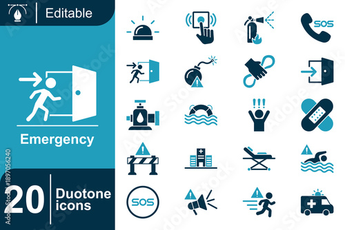Set of 20 duotone icons representing emergency situations and safety precautions, including evacuation and medical aid