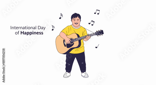 Smiling boy plays guitar, celebrating International Day of Happiness with musical notes. Young child expresses joy, embracing spirit of International Day of Happiness.
