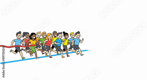 Diverse group kids race, crossing red finish line with smiles. Energetic children participate school sports event, demonstrating joy, friendly competition.