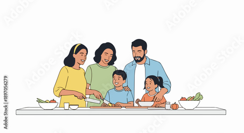 Family cooking meal on kitchen counter, parents and children preparing food. Adults and kids enjoy family cooking meal, chopping vegetables and mixing ingredients. Concept family cooking meal,