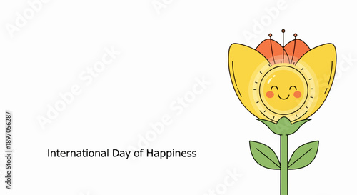 Bright illustration for International Day of Happiness showing happy sun flower. International Day of Happiness concept celebrates joy, positivity, global well being.