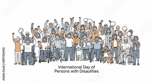 Diverse group celebrates International Day of Persons with Disabilities, showing unity and inclusion. Individuals with various physical abilities, some using wheelchairs,