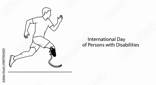 International Day of Persons with Disabilities illustration showing runner, prosthetic leg. Line art drawing promoting International Day of Persons with Disabilities, athlete with bionic limb.