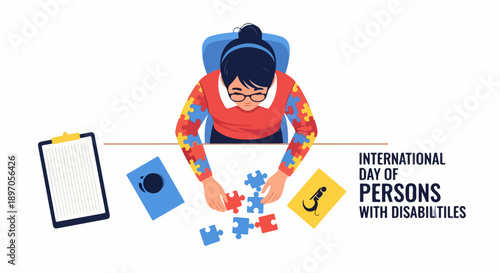 Person assembling puzzle pieces for disability awareness day. Illustration depicts individual completing jigsaw, clipboard, and lizard symbol, promoting disability awareness day.