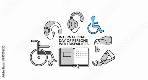 International Day of Persons with Disabilities illustration shows diverse accessibility symbols. Assistive devices like a wheelchair, hearing aids,