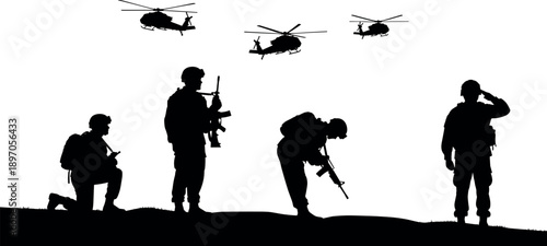 Military soldier silhouettes with helicopters, armed forces combat patrol scene, tactical teamwork concept, modern warfare illustration isolated on white background