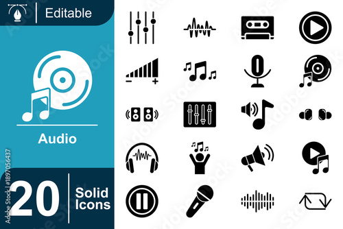 Collection of 20 solid audio icons representing music, sound, and recording equipment, perfect for digital media and design projects