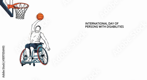 Disability awareness shows athlete in wheelchair playing basketball, demonstrating strength and skill. International Day of Persons with Disabilities promotes equality, active living.