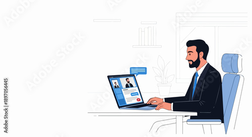 Man participating in online meeting on laptop computer from home office. Professional man in suit engages in virtual discussion, attending important online meeting with colleagues.