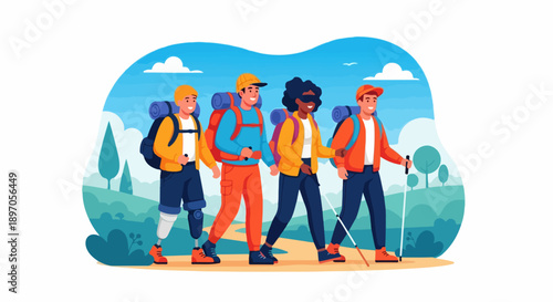 Diverse group hiking through green landscape, with backpacks and using trekking poles. Friends enjoy outdoor adventure, one person with prosthetic leg, promoting inclusivity and exploration.