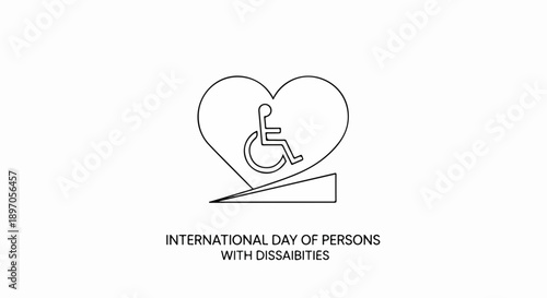 Line art illustration showing disability awareness, featuring heart outline surrounding wheelchair symbol. Graphic includes accessibility ramp, representing support for persons with disabilities.