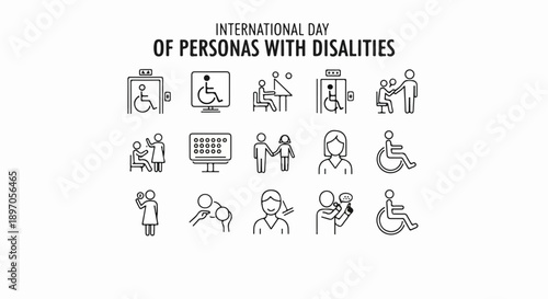 Line icons depicting disability awareness, representing International Day of Persons with Disabilities. Collection features various symbols showing people with physical limitations,