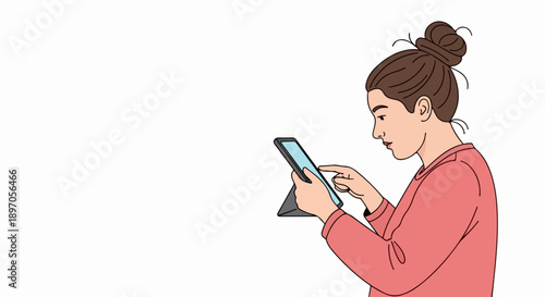 Woman using tablet, browsing internet or working remotely on digital device. Female person using tablet for online learning, social media, or creative work.