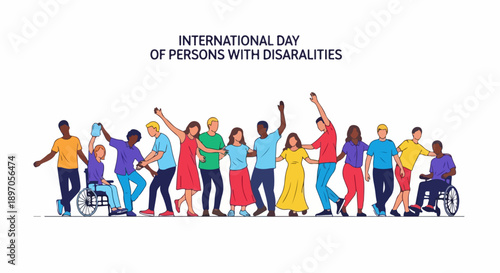 Disability inclusion illustration shows diverse group of people, some in wheelchairs, standing together, holding hands in unity.