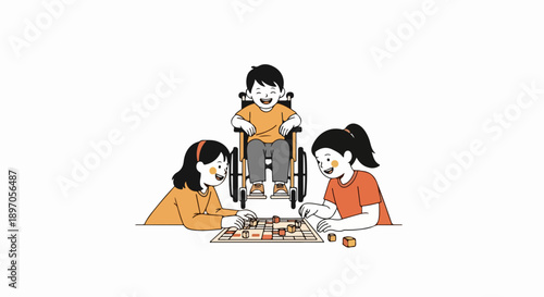 Children enjoying inclusive play, diverse group of kids happily engaged in board game activity, one child in wheelchair participating. Happy children enjoying inclusive play,
