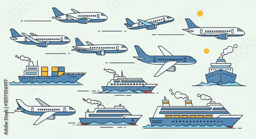 Collection of various airplanes and ships for transportation.