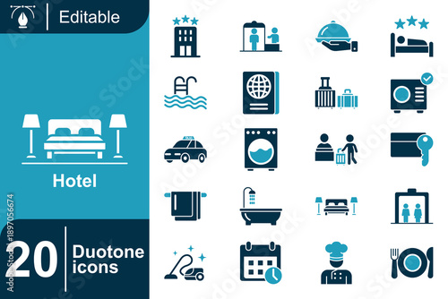 Hotel Icons Set Featuring Amenities Like Beds, Swimming Pool, Luggage, and Safety Deposit Box