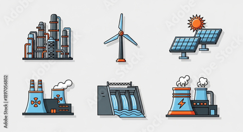 Collection of renewable and non-renewable energy production icons.