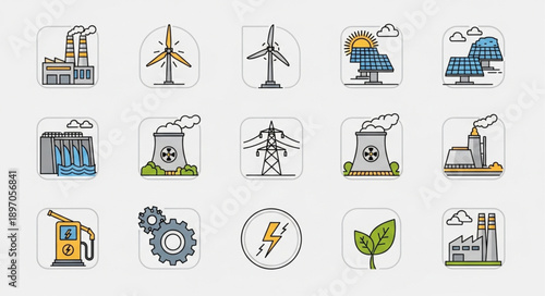 Collection of renewable energy and industry icons in a grid.