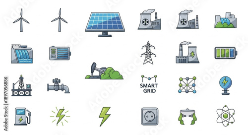 Collection of Renewable Energy and Power Generation Icons.