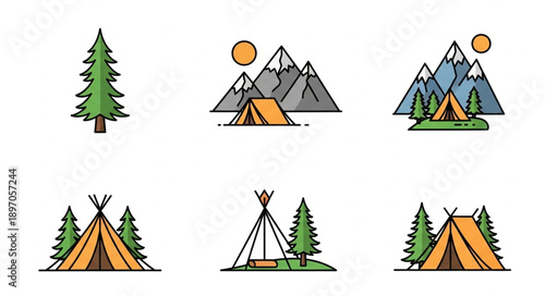 Collection of stylized camping and outdoor adventure icons.