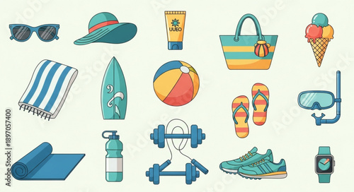 Collection of Summer Vacation and Sports Accessories.