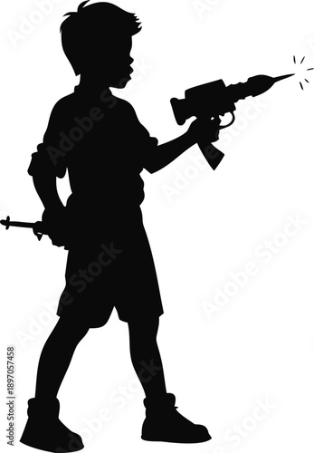Silhouette Of A Boy Holding A Ray Gun Toy