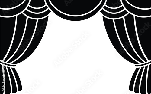 Stylized black opera theater curtains pulled open on a transparent background for performance or presentation