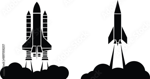 Two stylized black rocket ships launching upwards with billows of smoke isolated on transparent background