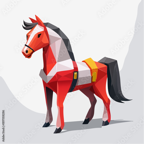 Stylized geometric red horse with saddle against a neutral background, a unique polygonal art piece
