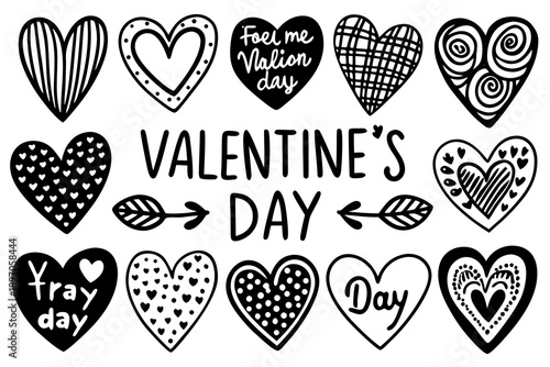 A bold collection of black and white solid and outline hearts, punctuated by "Valentine's day" text and decorative arrows.