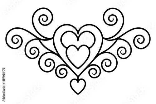 A sophisticated black and white outline decorative heart design, featuring elegant swirls and nested hearts, creates a timeless artistic representation.