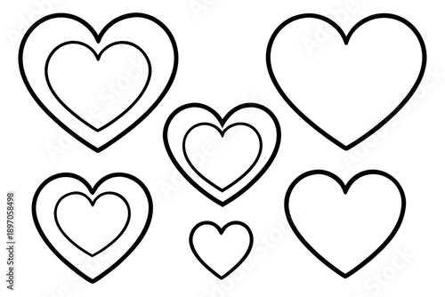 A varied group of outlined black hearts, some featuring nested double lines and others single outlines, presented in different sizes for diverse design applications.