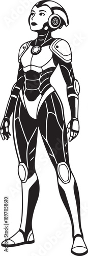 Futuristic Female Robot Character in Armored Suit Black and White Illustration
