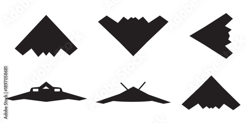 Stealth bomber and fighter jet silhouette vector collection. Military aircraft, drone, and spy plane isolated black shapes.

