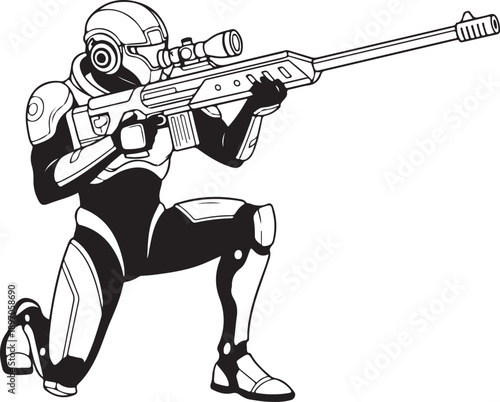 Sci-Fi Sniper Soldier in Power Armor Aiming Rifle Black and White Outline Drawing