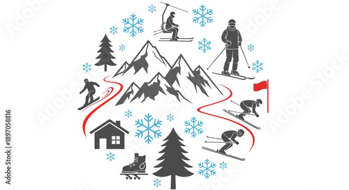 Skiers navigating through snowy mountain landscape with trees and chalets from an aerial perspective.