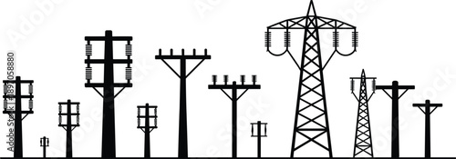 Silhouette of diverse electrical poles and transmission towers with overhead power lines Keywords: electricity, power, transmission, distribution, infrastructure, energy, grid, high